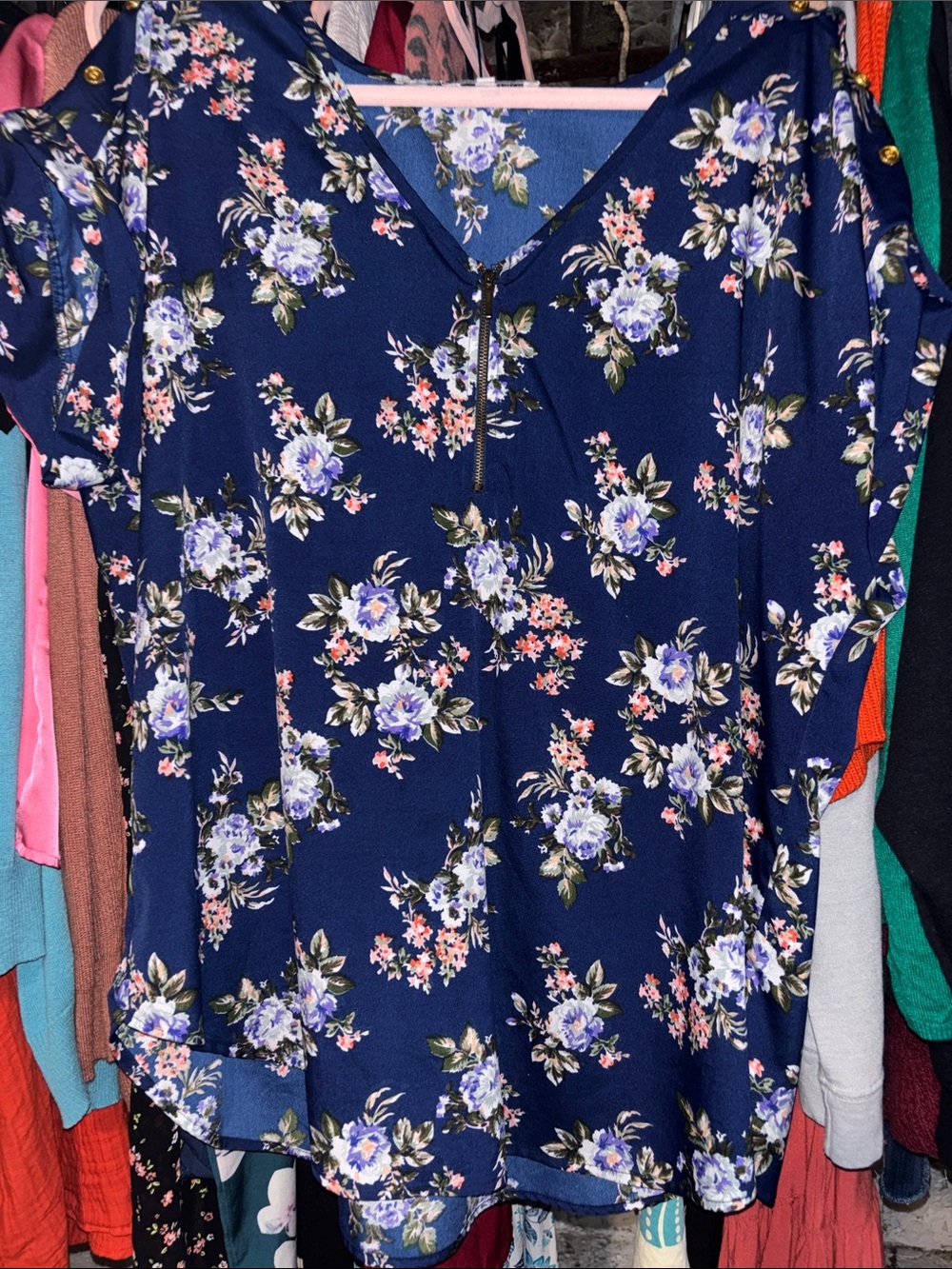 Floral V-Neck Navy Women's Blouse with Front Zip